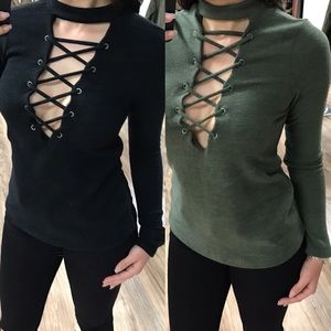 Sexy tie up sweater-Olive/Black
